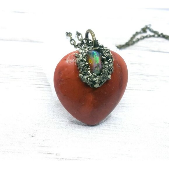 Red jasper heart and opal crystal necklace handmade - Picture 3 of 12